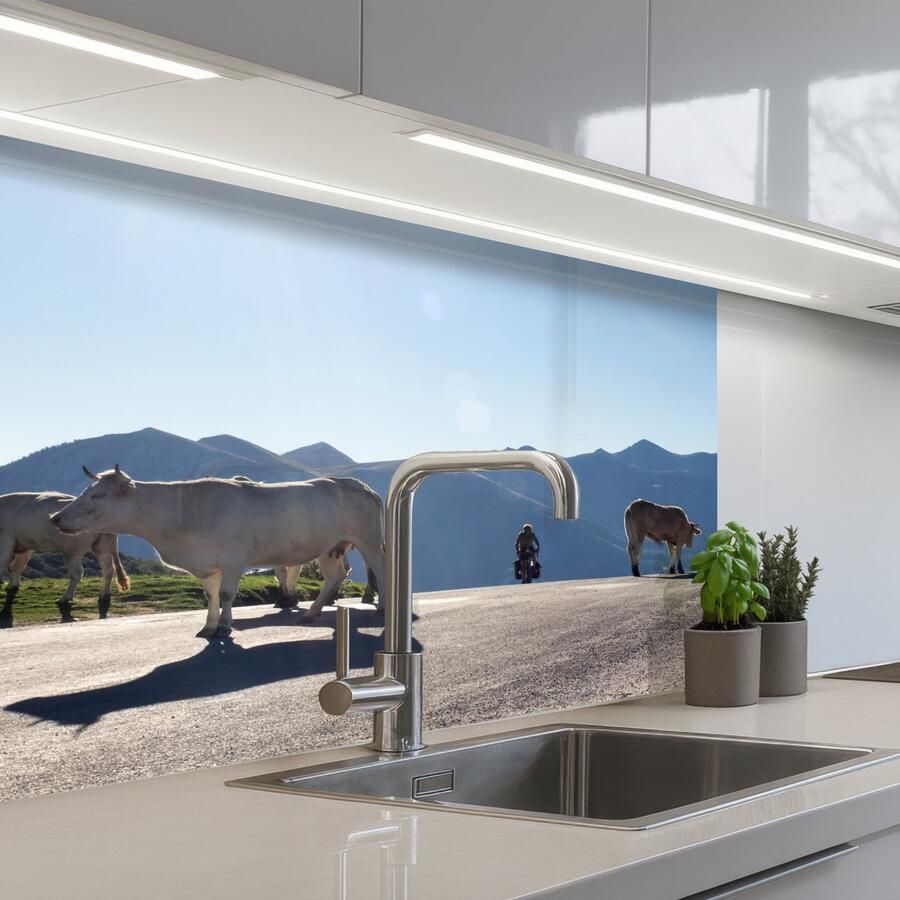 KitchenYeah Keuken achterwand 80x60 cm Spatscherm zelfklevend Schotse hooglander Licht Berg Natuur Muurbeschermer Spatwand fornuis