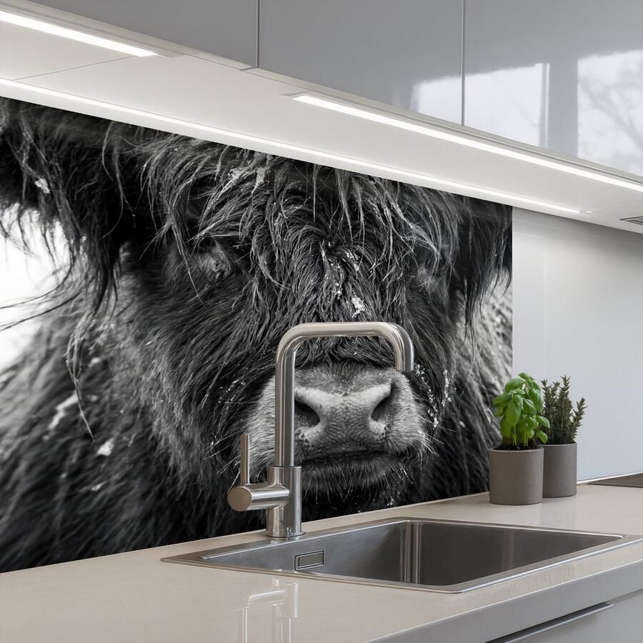 KitchenYeah Keuken achterwand 80x60 cm Spatscherm zelfklevend Schotse hooglander Zwart Wit Sneeuwvlokken Muurbeschermer Spatwand fornuis