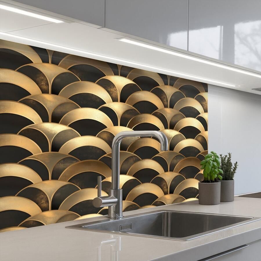 KitchenYeah Keuken achterwand 80x60 cm Spatscherm zelfklevend Schubben Structuur Goud Muurbeschermer Spatwand fornuis