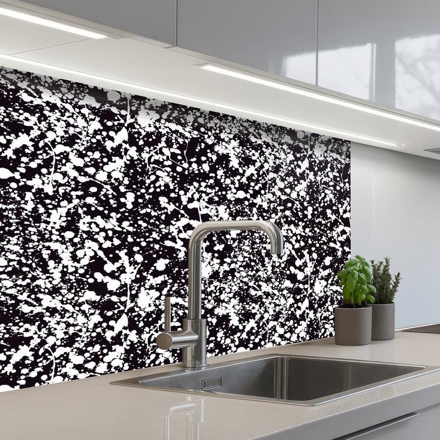 KitchenYeah Keuken achterwand 80x60 cm Spatscherm zelfklevend Spat Stippen Zwart Wit Muurbeschermer Spatwand fornuis