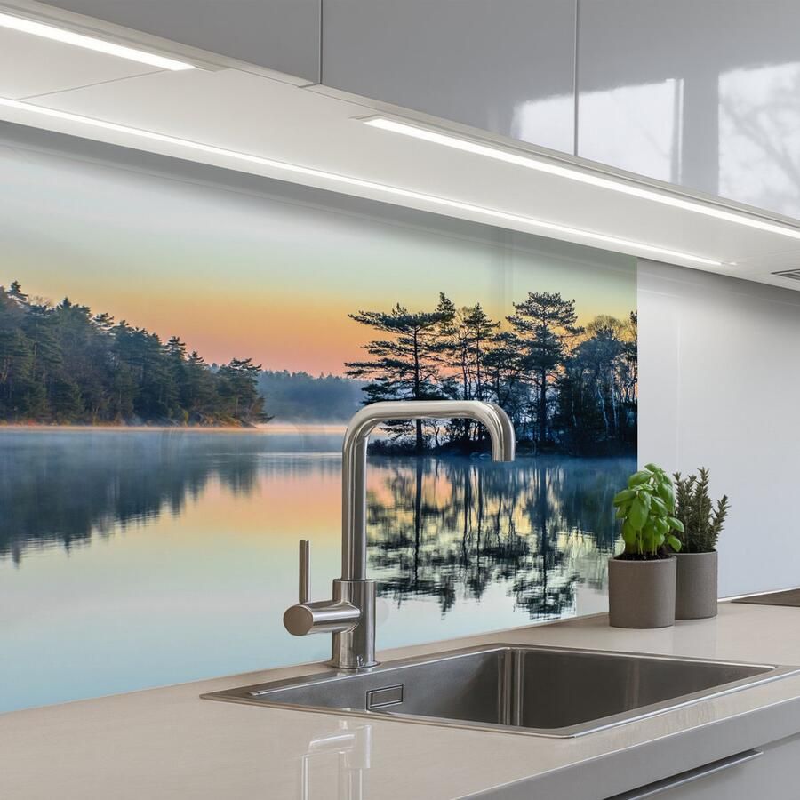 KitchenYeah Keuken achterwand 80x60 cm Spatscherm zelfklevend Water Bomen Natuur Landschap Muurbeschermer Spatwand fornuis