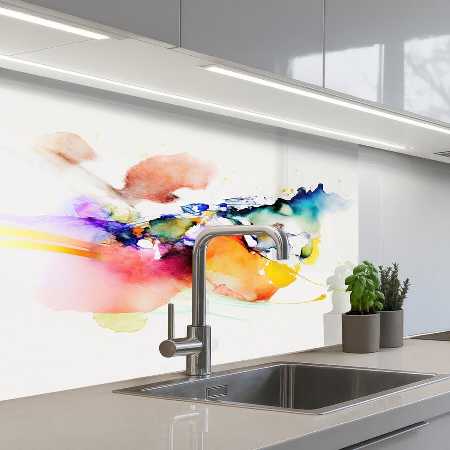 KitchenYeah Keuken achterwand 80x60 cm Spatscherm zelfklevend Waterverf Regenboog Abstract Kunst Muurbeschermer Spatwand fornuis - Foto 1