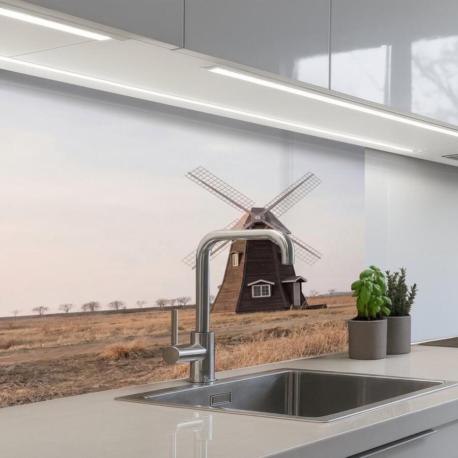 KitchenYeah Keuken achterwand 80x60 cm Spatscherm zelfklevend Windmolens Landschap Veld Muurbeschermer Spatwand fornuis