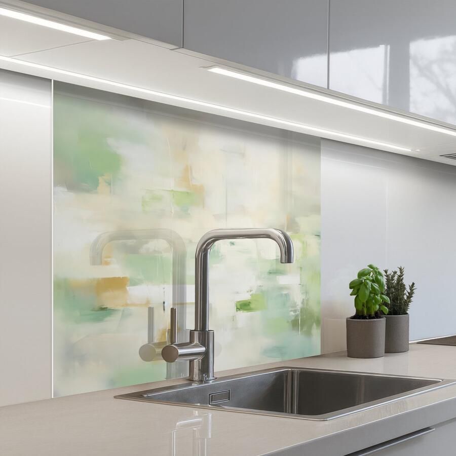 KitchenYeah Keuken achterwand 80x80 cm Spatscherm zelfklevend Abstract Kunst Wit Groen Modern Muurbeschermer Spatwand fornuis