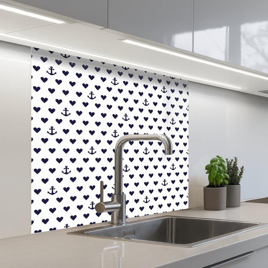 KitchenYeah Keuken achterwand 80x80 cm Spatscherm zelfklevend Anker Hart Blauw Wit Muurbeschermer Spatwand fornuis