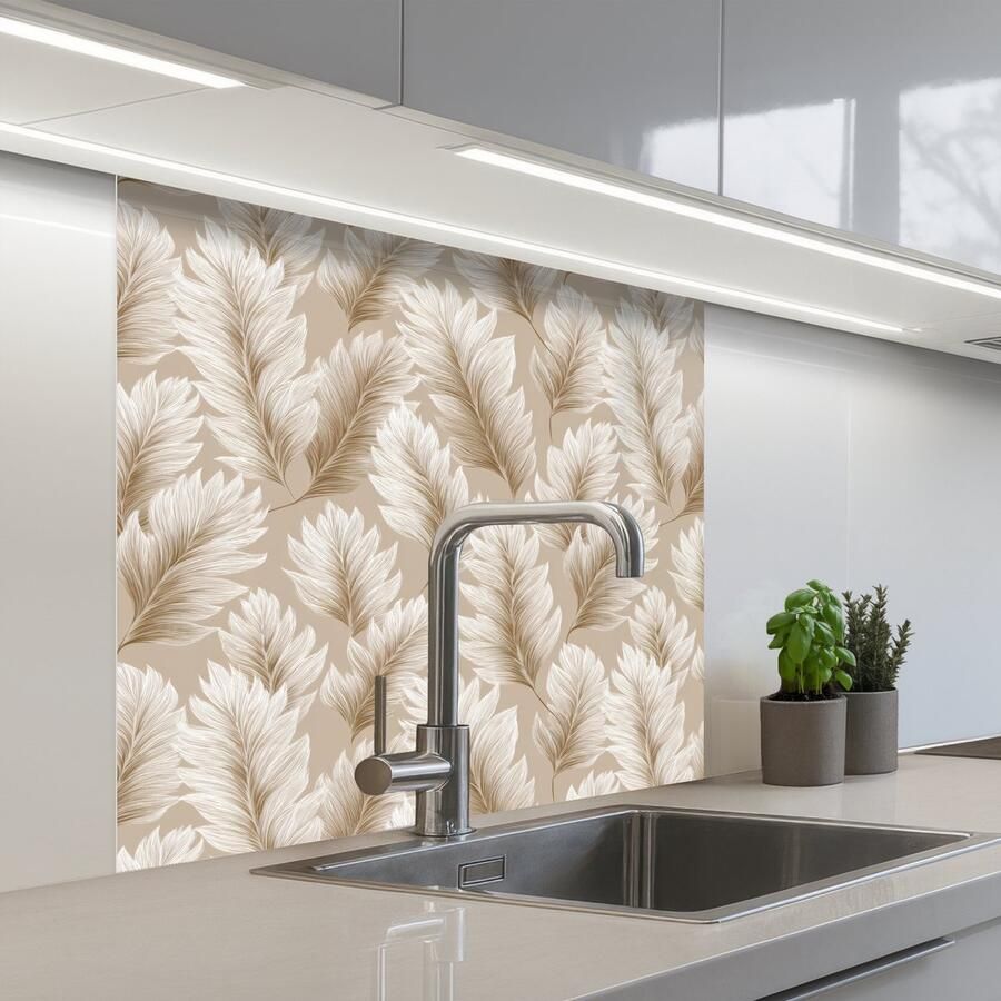 KitchenYeah Keuken achterwand 80x80 cm Spatscherm zelfklevend Botanisch Patroon Beige Muurbeschermer Spatwand fornuis