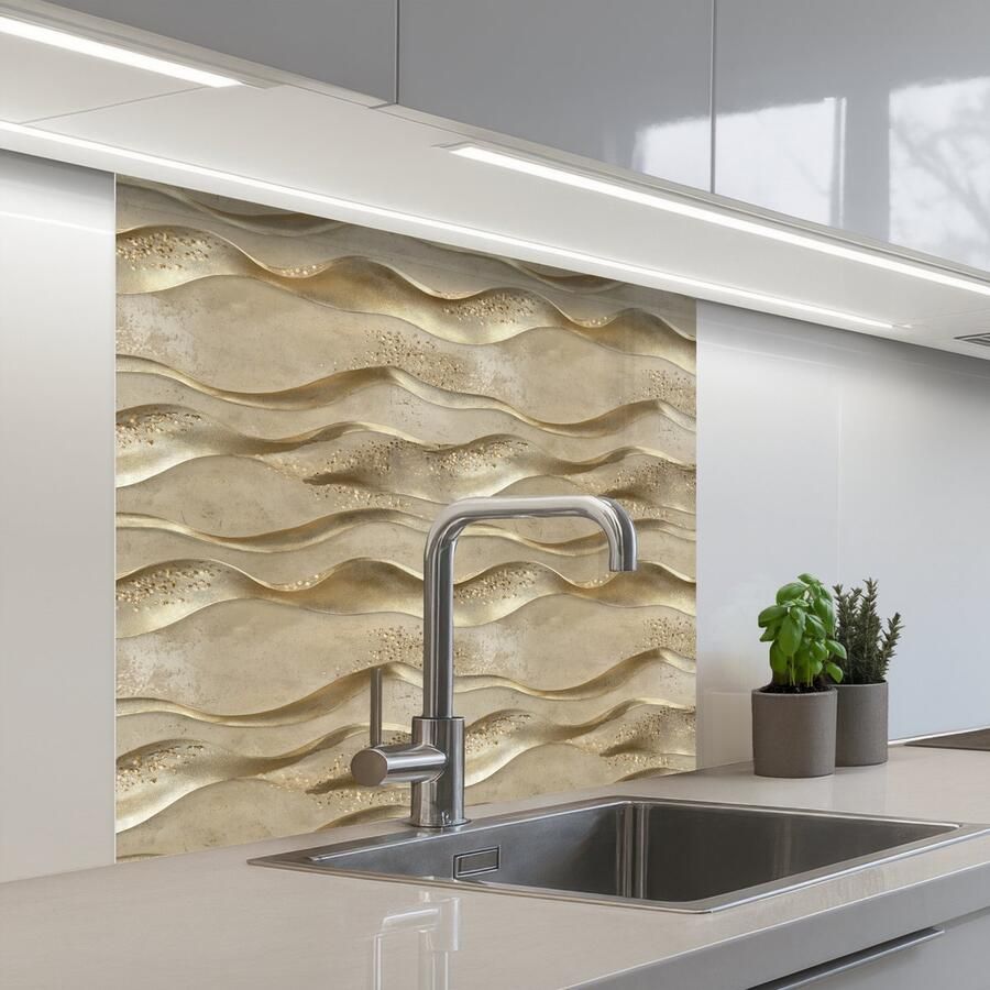 KitchenYeah Keuken achterwand 80x80 cm Spatscherm zelfklevend Golven Patroon Goud Muurbeschermer Spatwand fornuis