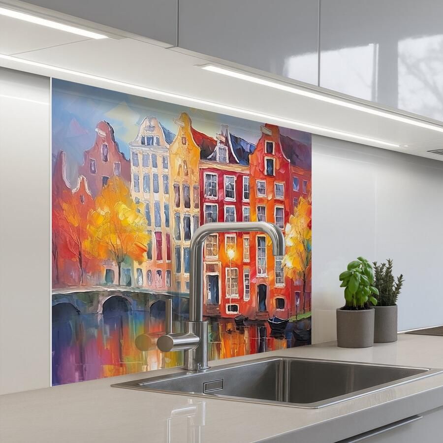 KitchenYeah Keuken achterwand 80x80 cm Spatscherm zelfklevend Grachtenpanden Kunst Schilderij Amsterdam Muurbeschermer Spatwand fornuis
