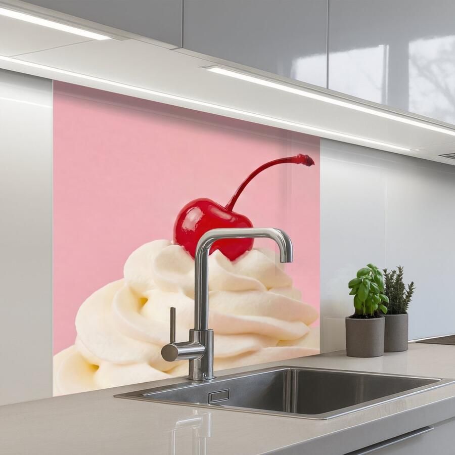 KitchenYeah Keuken achterwand 80x80 cm Spatscherm zelfklevend Kers Slagroom Roze Muurbeschermer Spatwand fornuis