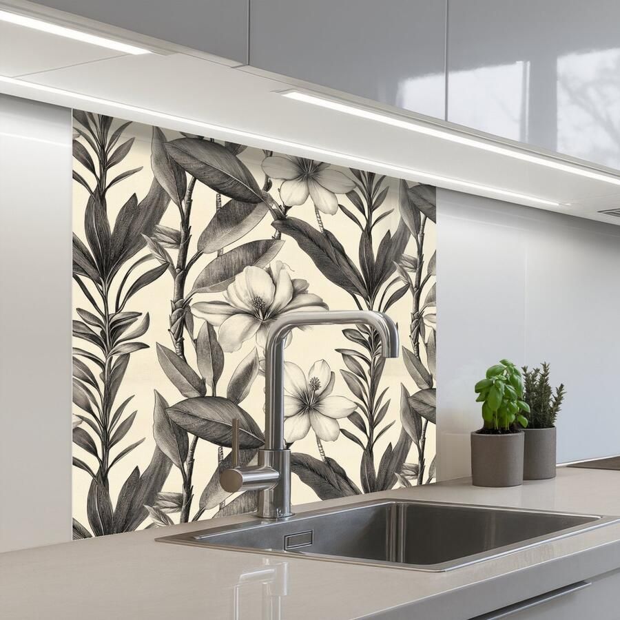 KitchenYeah Keuken achterwand 80x80 cm Spatscherm zelfklevend Klassiek Botanisch Zwart Beige Muurbeschermer Spatwand fornuis