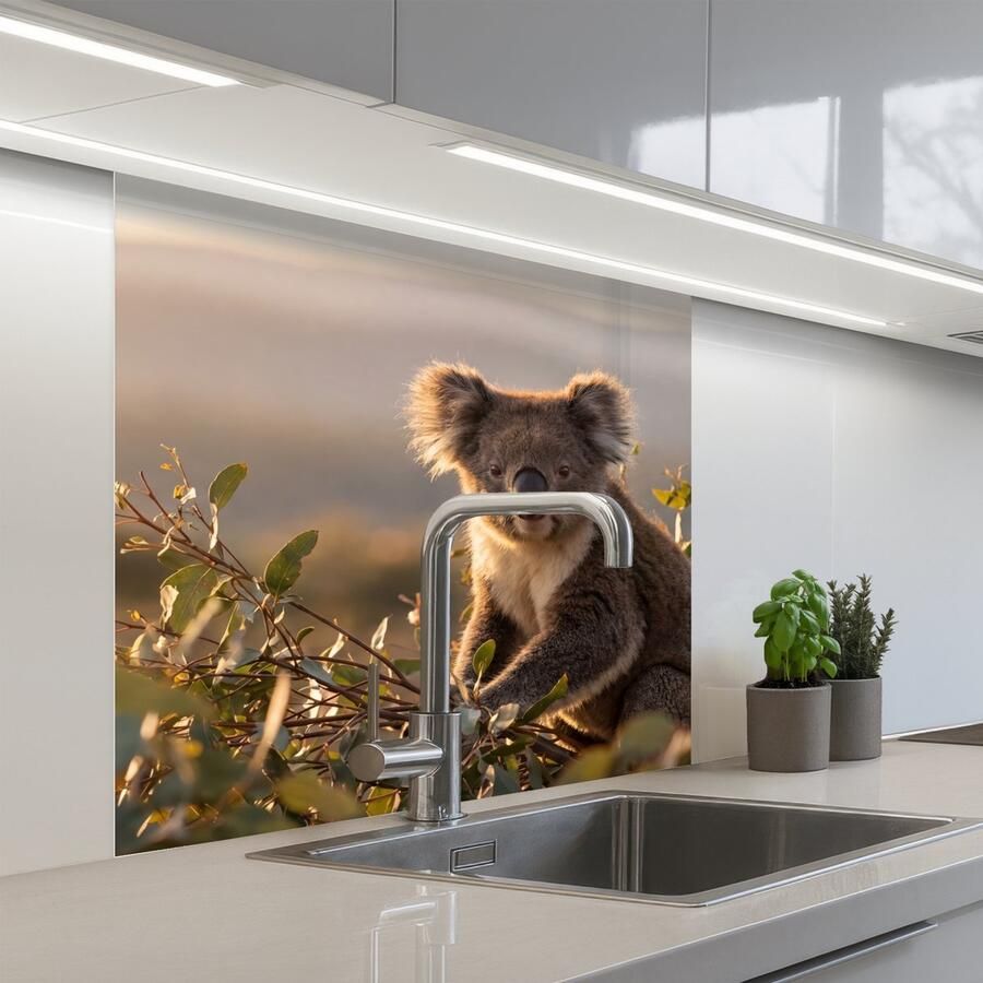 KitchenYeah Keuken achterwand 80x80 cm Spatscherm zelfklevend Koala Bladeren Ochtendlicht Muurbeschermer Spatwand fornuis