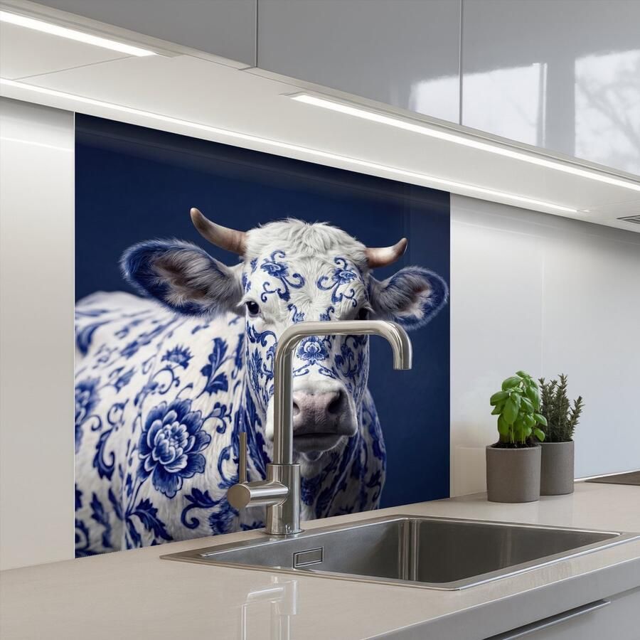 KitchenYeah Keuken achterwand 80x80 cm Spatscherm zelfklevend Koe Delfts Blauw Artistiek Muurbeschermer Spatwand fornuis