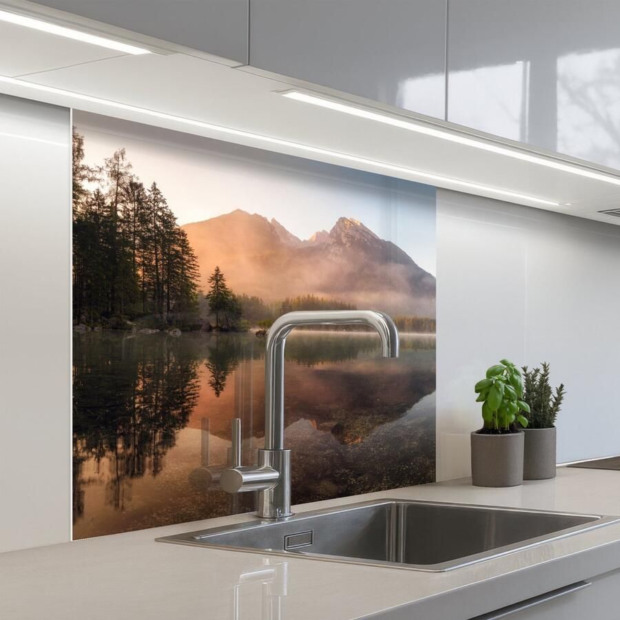 KitchenYeah Keuken achterwand 80x80 cm Spatscherm zelfklevend Landschap Mist Water Bomen Muurbeschermer Spatwand fornuis