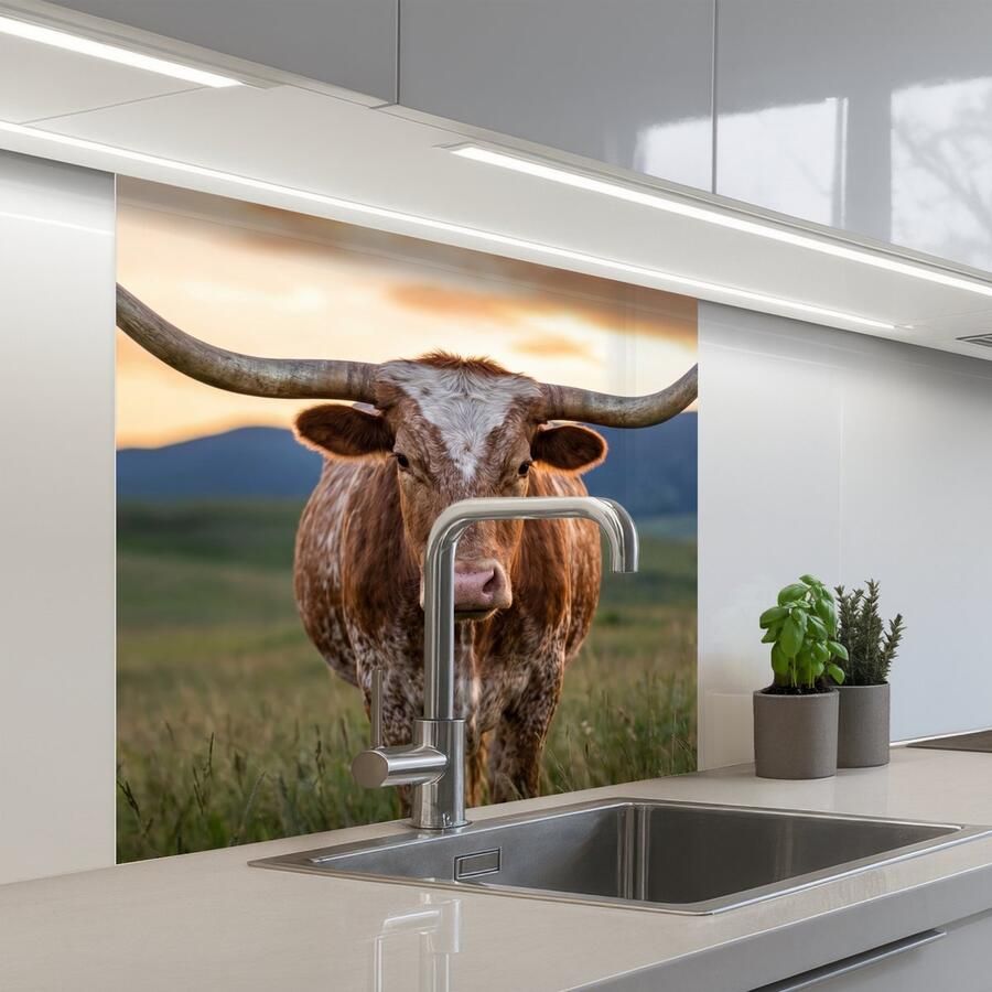 KitchenYeah Keuken achterwand 80x80 cm Spatscherm zelfklevend Longhorn Landschap Zonsondergang Muurbeschermer Spatwand fornuis