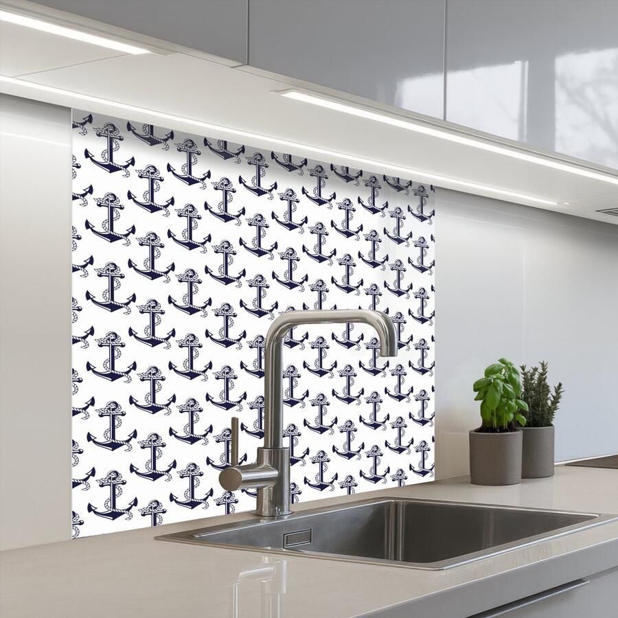 KitchenYeah Keuken achterwand 80x80 cm Spatscherm zelfklevend Oceaan Anker Blauw Wit Muurbeschermer Spatwand fornuis