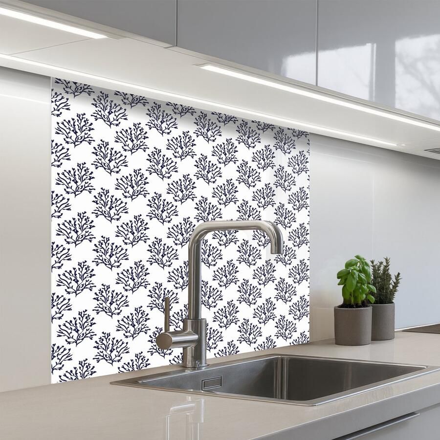 KitchenYeah Keuken achterwand 80x80 cm Spatscherm zelfklevend Oceaan Koraal Blauw Wit Muurbeschermer Spatwand fornuis