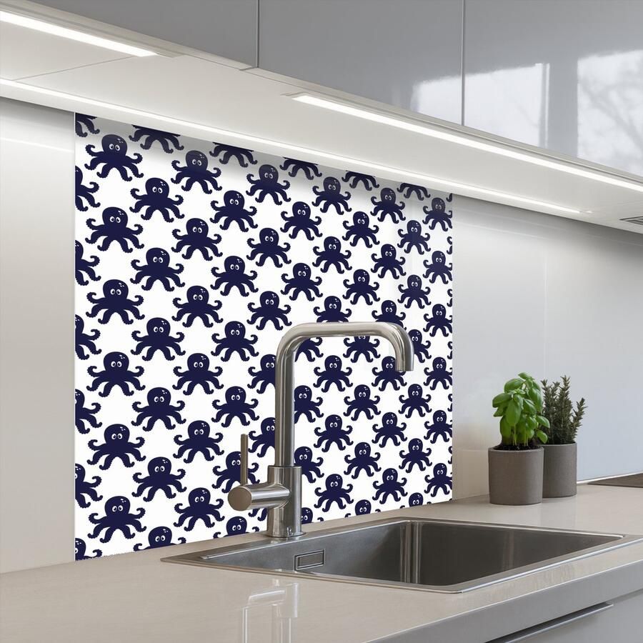 KitchenYeah Keuken achterwand 80x80 cm Spatscherm zelfklevend Oceaan Octo Blauw Wit Muurbeschermer Spatwand fornuis