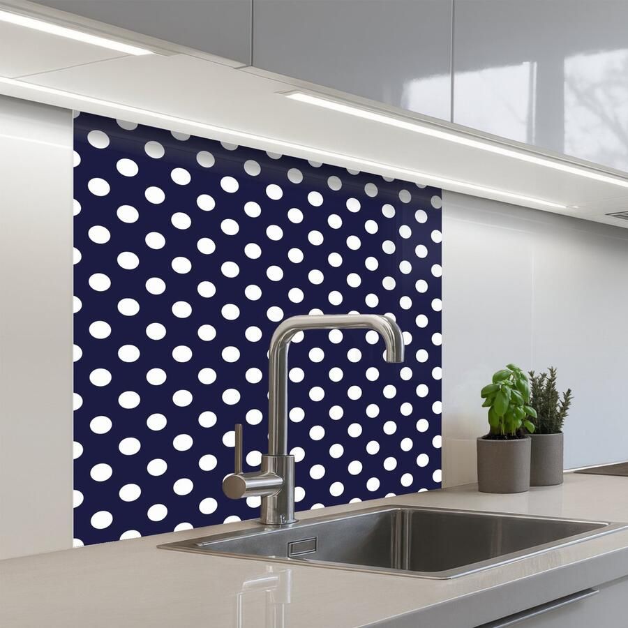 KitchenYeah Keuken achterwand 80x80 cm Spatscherm zelfklevend Oceaan Stippen Blauw Wit Muurbeschermer Spatwand fornuis