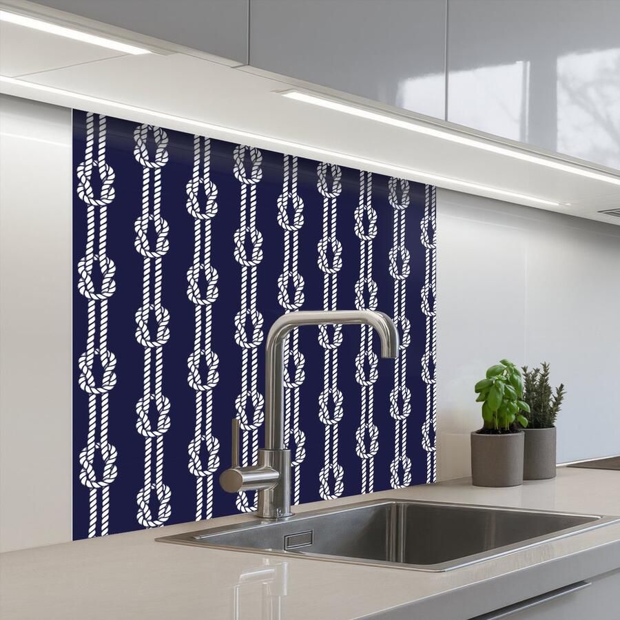 KitchenYeah Keuken achterwand 80x80 cm Spatscherm zelfklevend Oceaan Touw Blauw Wit Muurbeschermer Spatwand fornuis