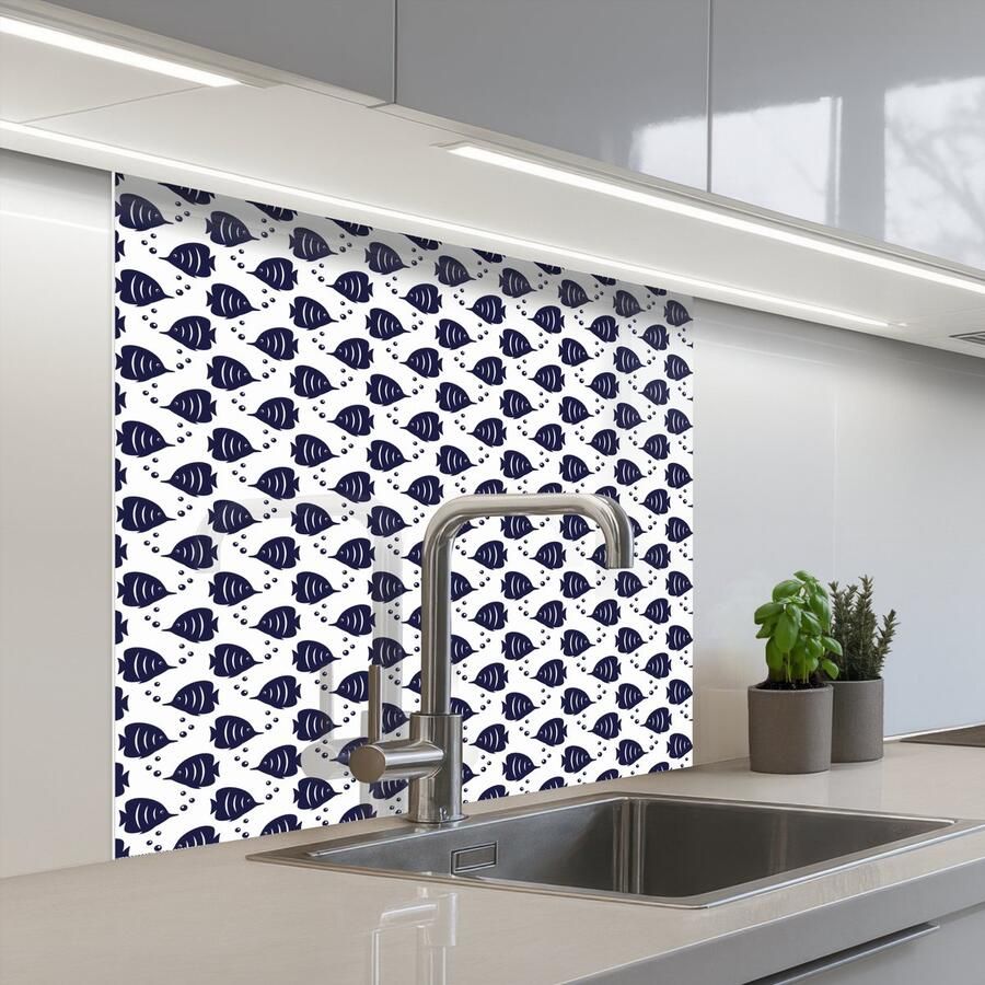 KitchenYeah Keuken achterwand 80x80 cm Spatscherm zelfklevend Oceaan Vis Blauw Wit Muurbeschermer Spatwand fornuis