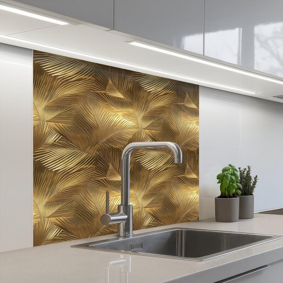 KitchenYeah Keuken achterwand 80x80 cm Spatscherm zelfklevend Palm Waaier Goud Muurbeschermer Spatwand fornuis