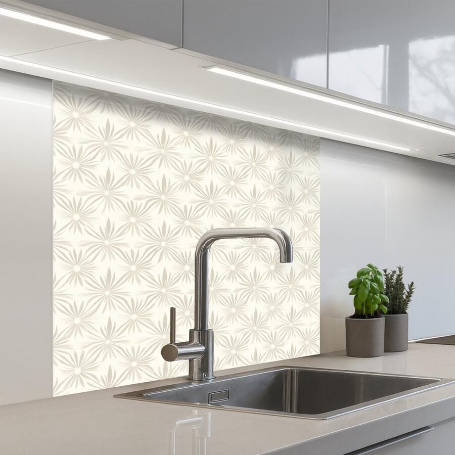 KitchenYeah Keuken achterwand 80x80 cm Spatscherm zelfklevend Patroon Bloemen Beige Muurbeschermer Spatwand fornuis
