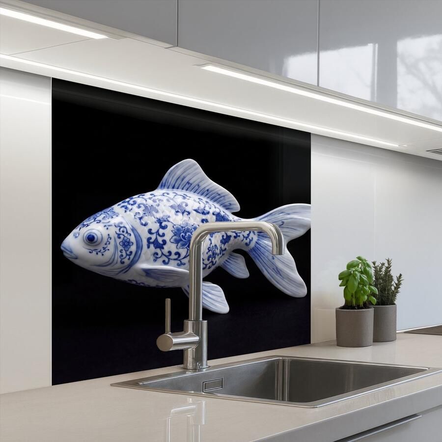 KitchenYeah Keuken achterwand 80x80 cm Spatscherm zelfklevend Porselein Goudvis Delfts Blauw Muurbeschermer Spatwand fornuis