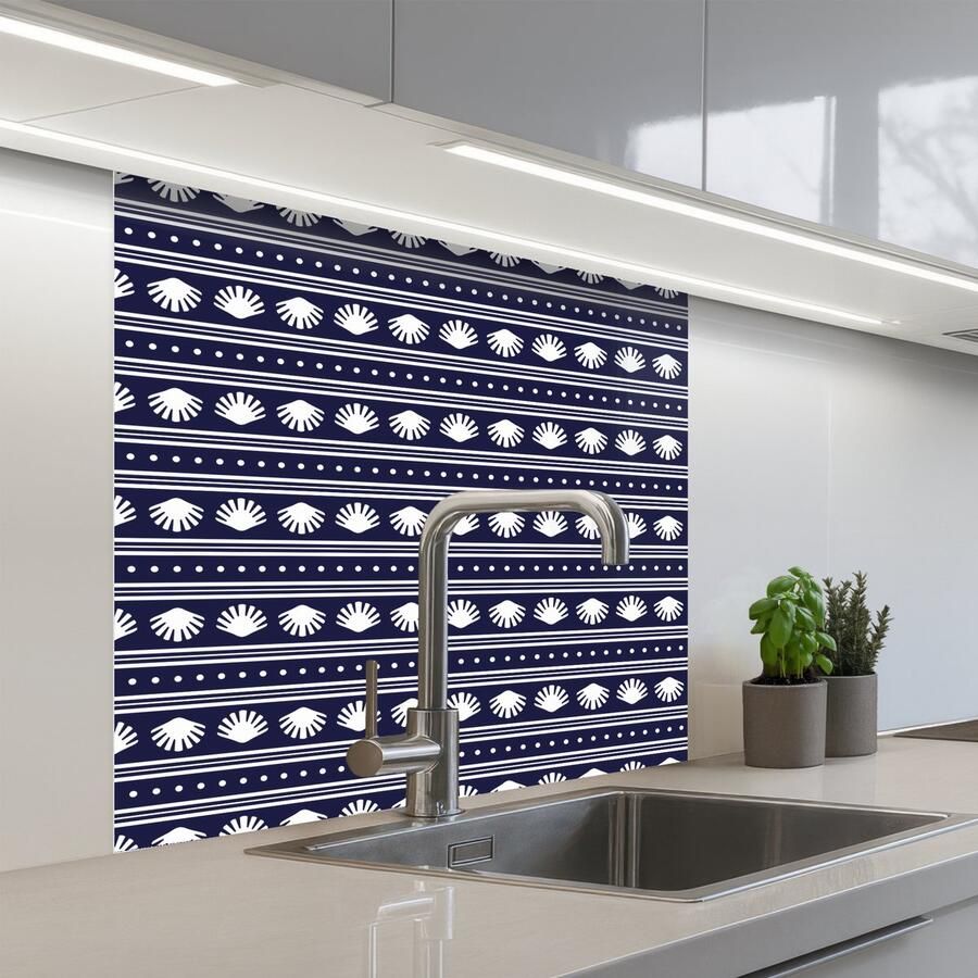 KitchenYeah Keuken achterwand 80x80 cm Spatscherm zelfklevend Schelp Nautisch Blauw Wit Muurbeschermer Spatwand fornuis