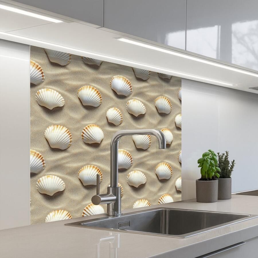 KitchenYeah Keuken achterwand 80x80 cm Spatscherm zelfklevend Schelpen Zand Maritiem Muurbeschermer Spatwand fornuis