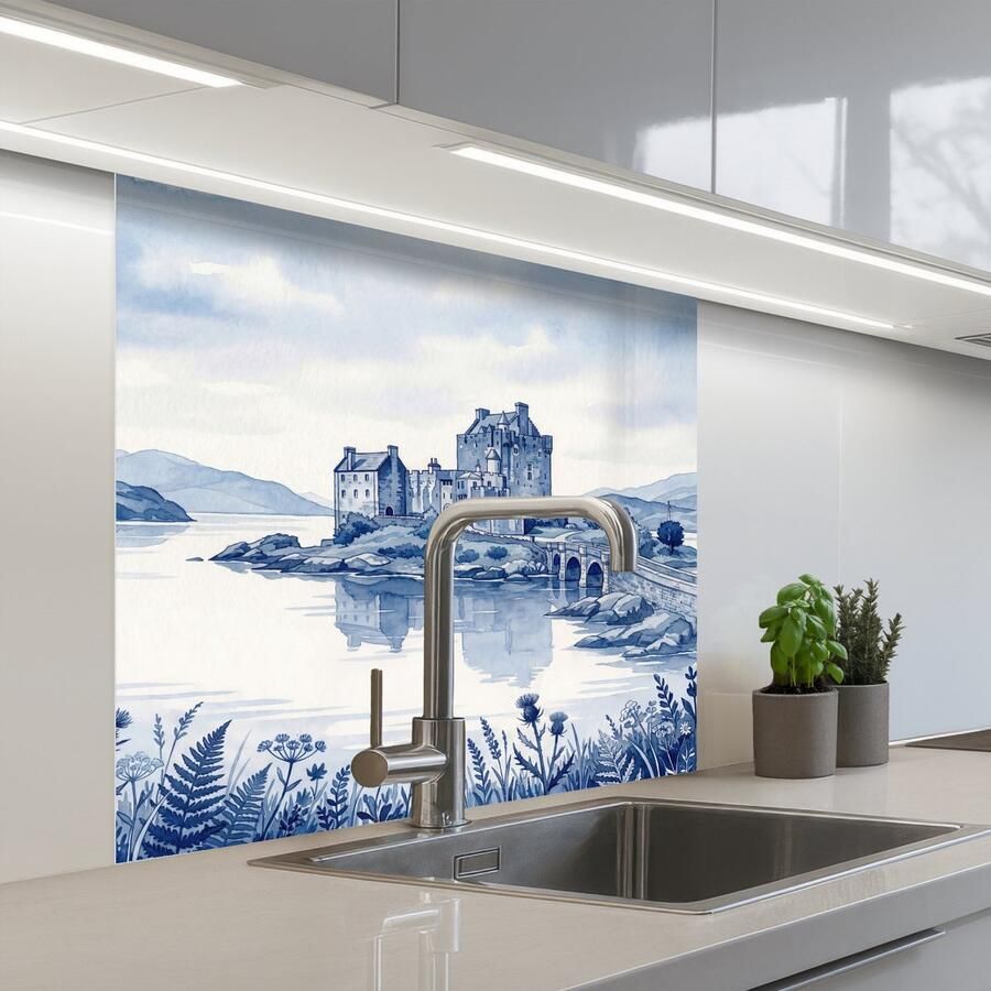 KitchenYeah Keuken achterwand 80x80 cm Spatscherm zelfklevend Schots Kasteel Blauw Aquarel Muurbeschermer Spatwand fornuis