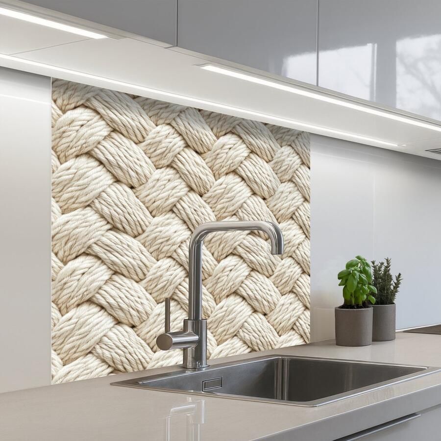 KitchenYeah Keuken achterwand 80x80 cm Spatscherm zelfklevend Touw Gebreid Beige Muurbeschermer Spatwand fornuis