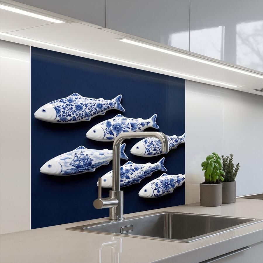 KitchenYeah Keuken achterwand 80x80 cm Spatscherm zelfklevend Vissen Delfts Blauw Keramiek Muurbeschermer Spatwand fornuis