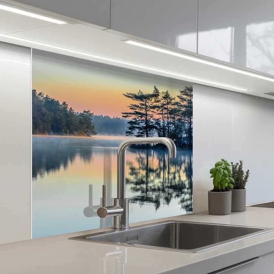 KitchenYeah Keuken achterwand 80x80 cm Spatscherm zelfklevend Water Bomen Natuur Landschap Muurbeschermer Spatwand fornuis