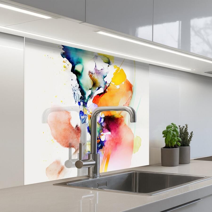 KitchenYeah Keuken achterwand 80x80 cm Spatscherm zelfklevend Waterverf Regenboog Abstract Kunst Muurbeschermer Spatwand fornuis