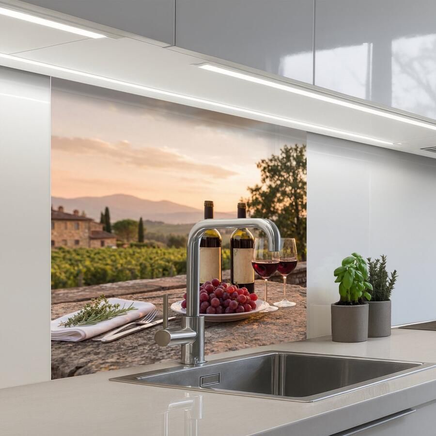 KitchenYeah Keuken achterwand 80x80 cm Spatscherm zelfklevend Wijn Glazen Druiven Wijngaard Muurbeschermer Spatwand fornuis