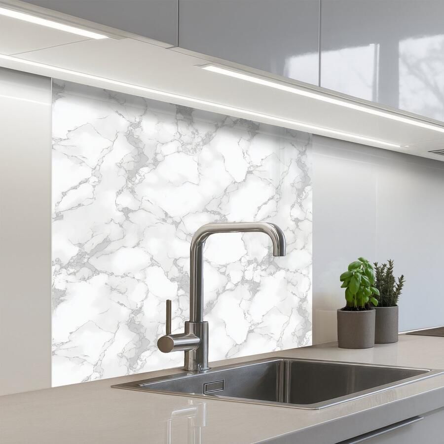 KitchenYeah Keuken achterwand 80x80 cm Spatscherm zelfklevend Wit Marmer print Grijs Muurbeschermer Spatwand fornuis