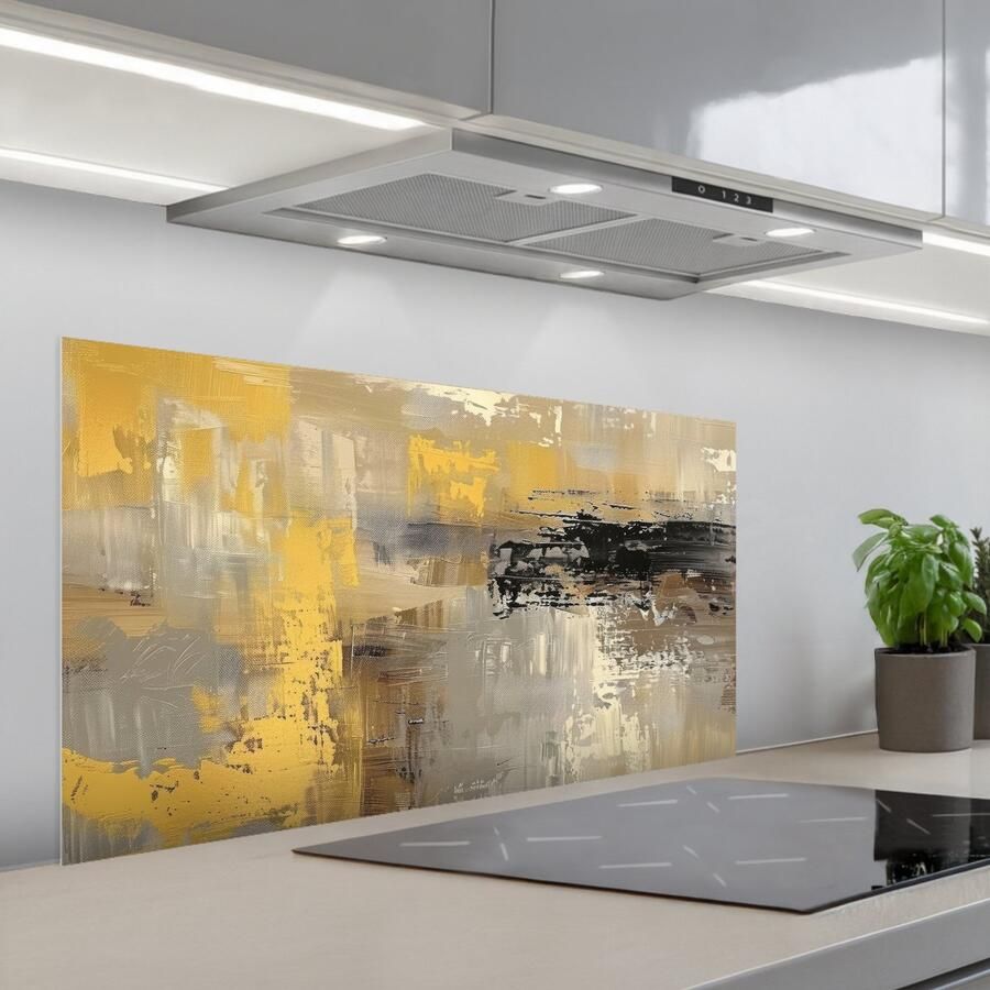 KitchenYeah Spatscherm 100x50 cm Zelfklevende achterwand Abstract Geel Modern Beige Keuken muurbeschermer Spatwand fornuis - Foto 1