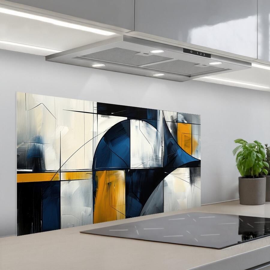 KitchenYeah Spatscherm 100x50 cm Zelfklevende achterwand Abstract Vormen Goud Blauw Geometrisch Keuken muurbeschermer Spatwand fornuis - Foto 1