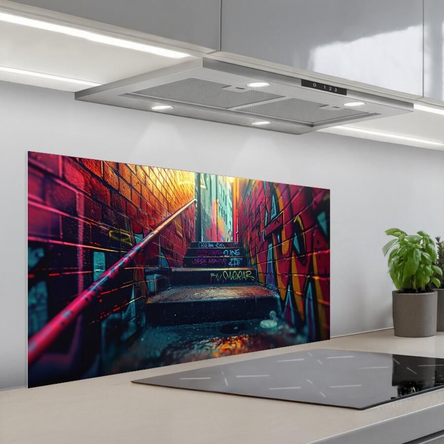 KitchenYeah Spatscherm 100x50 cm Zelfklevende achterwand Architectuur Neon Trap Graffiti Keuken muurbeschermer Spatwand fornuis