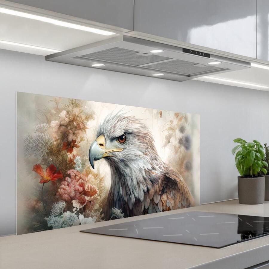 KitchenYeah Spatscherm 100x50 cm Zelfklevende achterwand Arend Adelaar Vogel Bloemen Natuur Keuken muurbeschermer Spatwand fornuis