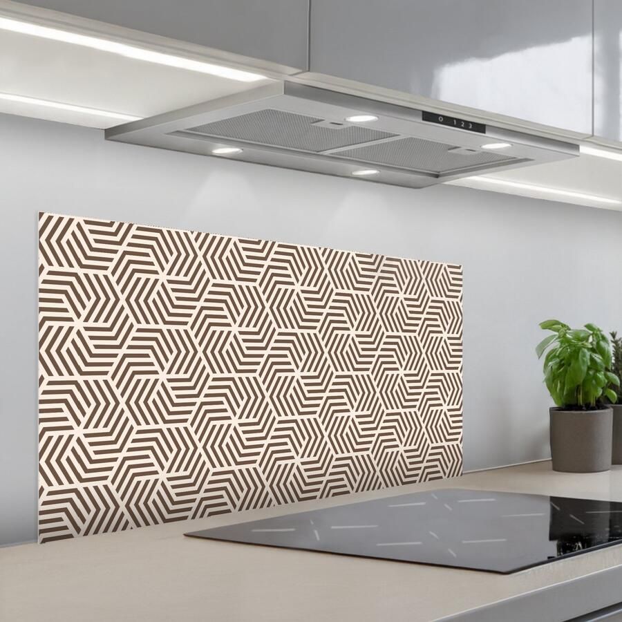 KitchenYeah Spatscherm 100x50 cm Zelfklevende achterwand Beige Bruin Patroon Strepen Keuken muurbeschermer Spatwand fornuis