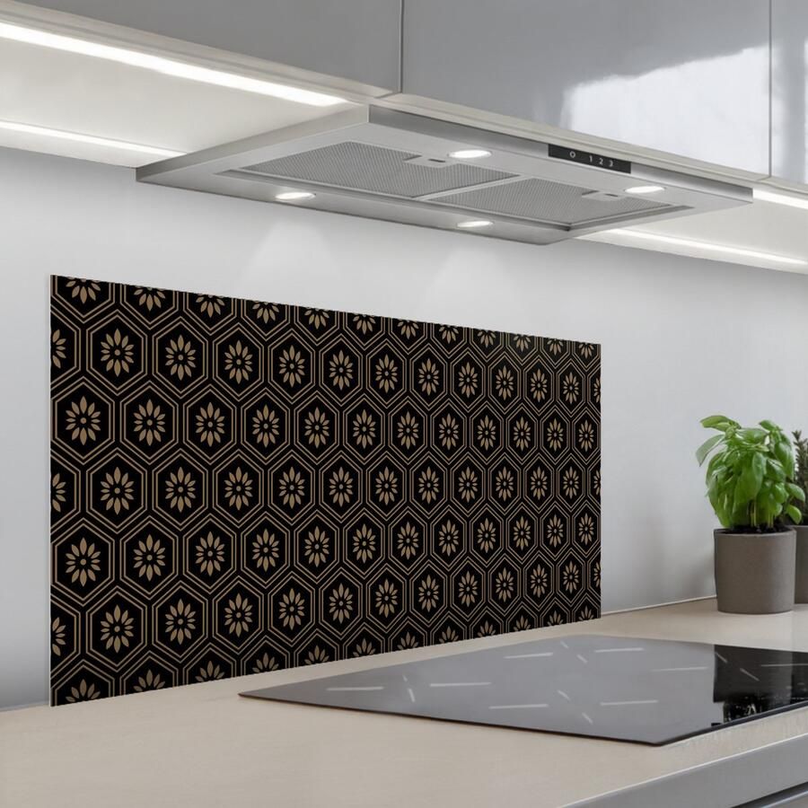 KitchenYeah Spatscherm 100x50 cm Zelfklevende achterwand Bloemen Goud Hexagon Keuken muurbeschermer Spatwand fornuis