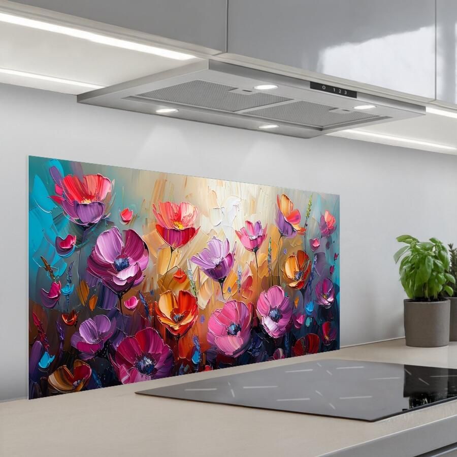KitchenYeah Spatscherm 100x50 cm Zelfklevende achterwand Bloemen Paars Kleurrijk Handgeschilderd Kunst Keuken muurbeschermer Spatwand fornuis