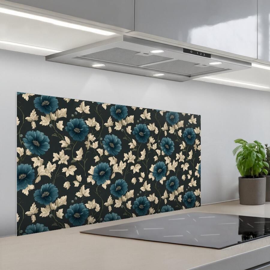 KitchenYeah Spatscherm 100x50 cm Zelfklevende achterwand Botanisch Bloemen Blauw Keuken muurbeschermer Spatwand fornuis