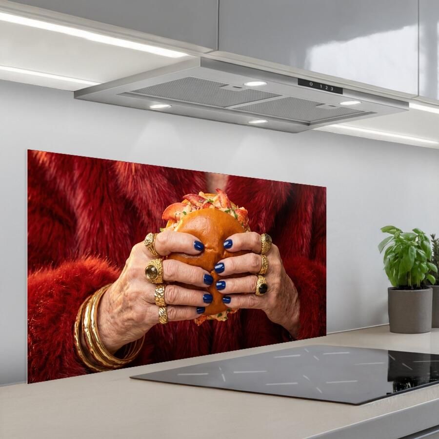 KitchenYeah Spatscherm 100x50 cm Zelfklevende achterwand Broodje Bontjas Goud Keuken muurbeschermer Spatwand fornuis