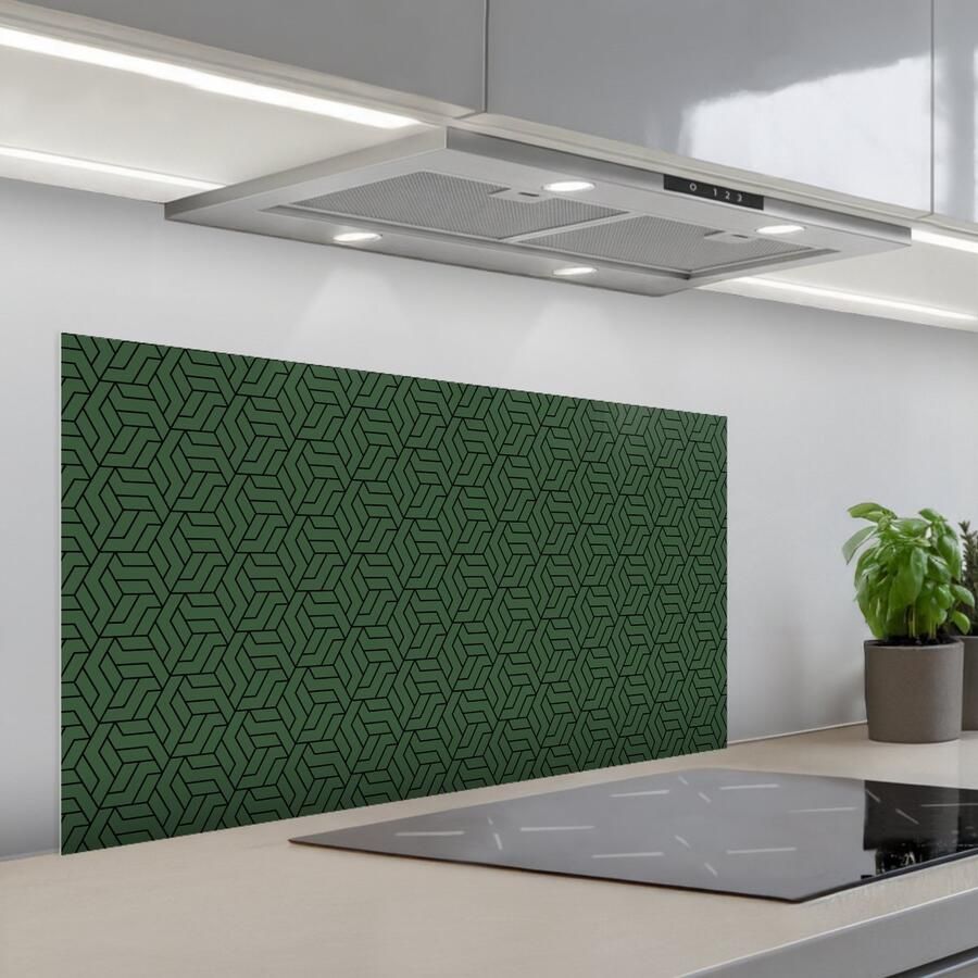 KitchenYeah Spatscherm 100x50 cm Zelfklevende achterwand Donkergroen Patroon Lijnen Zwart Keuken muurbeschermer Spatwand fornuis