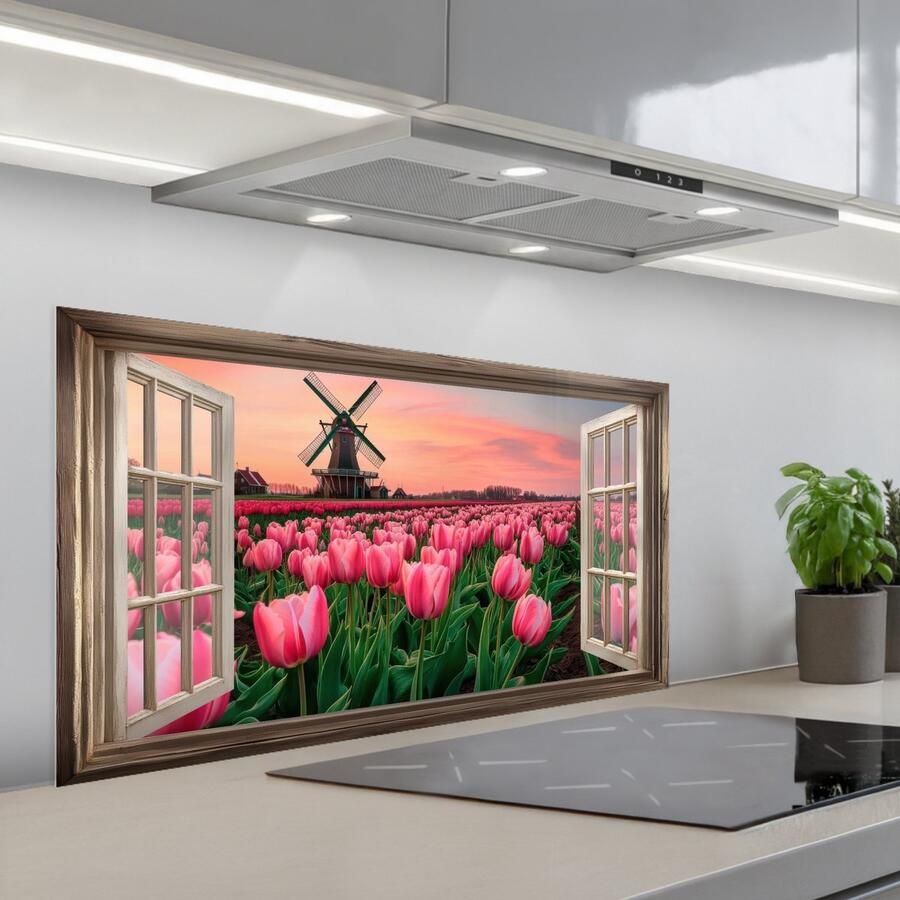 KitchenYeah Spatscherm 100x50 cm Zelfklevende achterwand Doorkijk Tulpen Bloemen Molen Raam Keuken muurbeschermer Spatwand fornuis