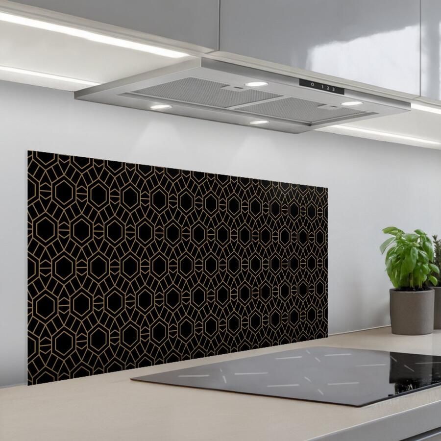 KitchenYeah Spatscherm 100x50 cm Zelfklevende achterwand Goud Zwart Rozetstructuur Keuken muurbeschermer Spatwand fornuis