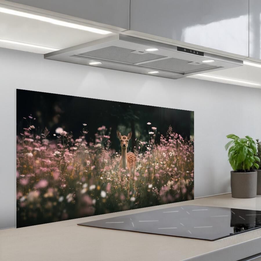 KitchenYeah Spatscherm 100x50 cm Zelfklevende achterwand Hert Wilde bloemen Bos Keuken muurbeschermer Spatwand fornuis