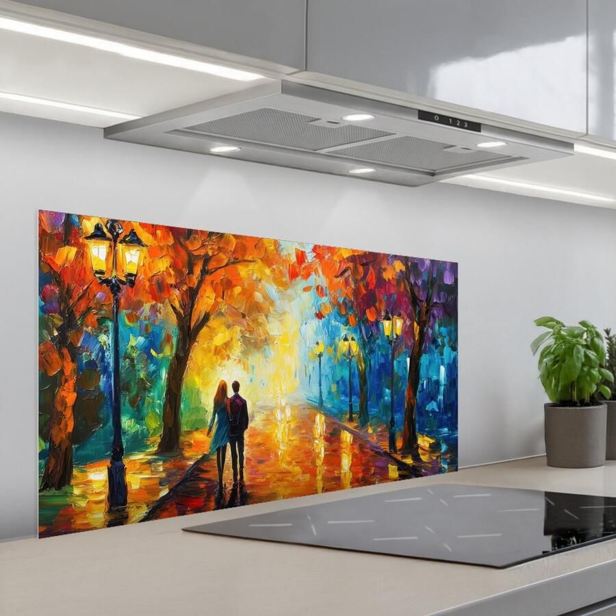 KitchenYeah Spatscherm 100x50 cm Zelfklevende achterwand Koppel Liefde Bos Kunst Keuken muurbeschermer Spatwand fornuis